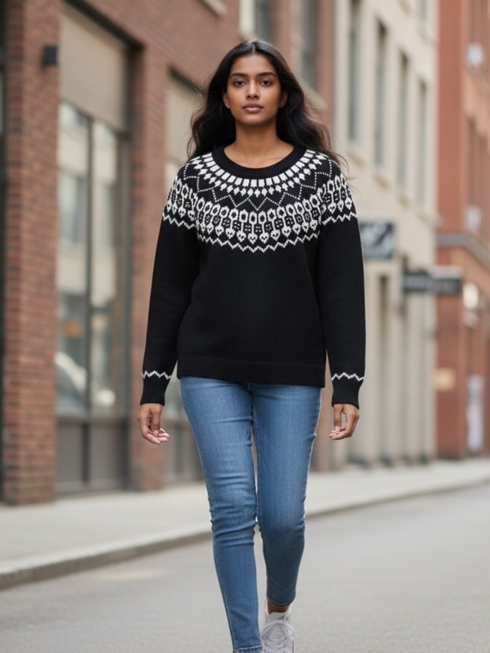 LOFT Black & White Fair Isle Crewneck Ski Sweater Gorpcore SZ S/P EUC Clean Girl - Picture 11 of 11
